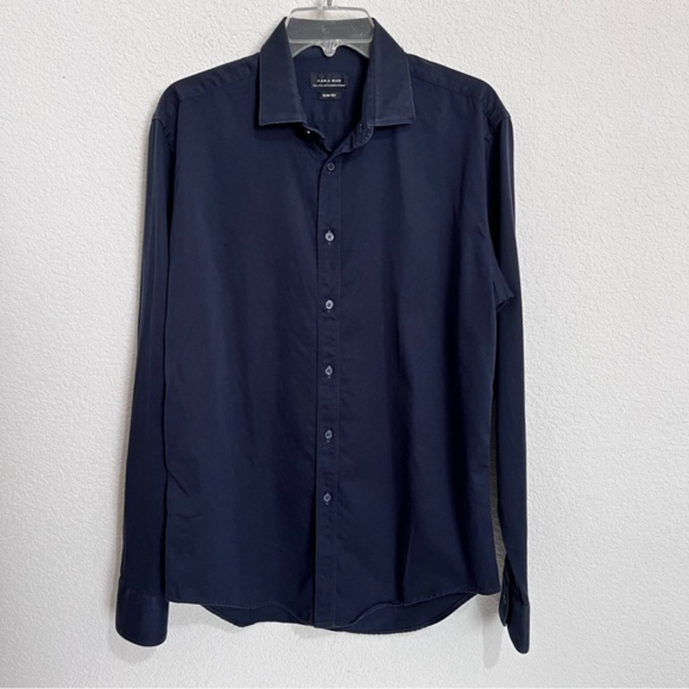 Zara Man Navy Slim Fit Stretch Dress Shirt Large